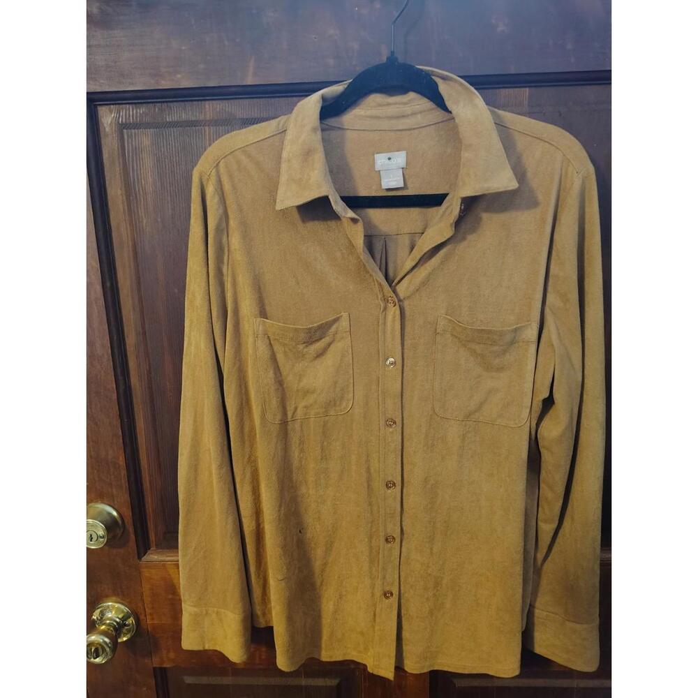 Chico's Size L Shirt Women's Long Sleeve Button Up Suede Touch Brown Blouse Top